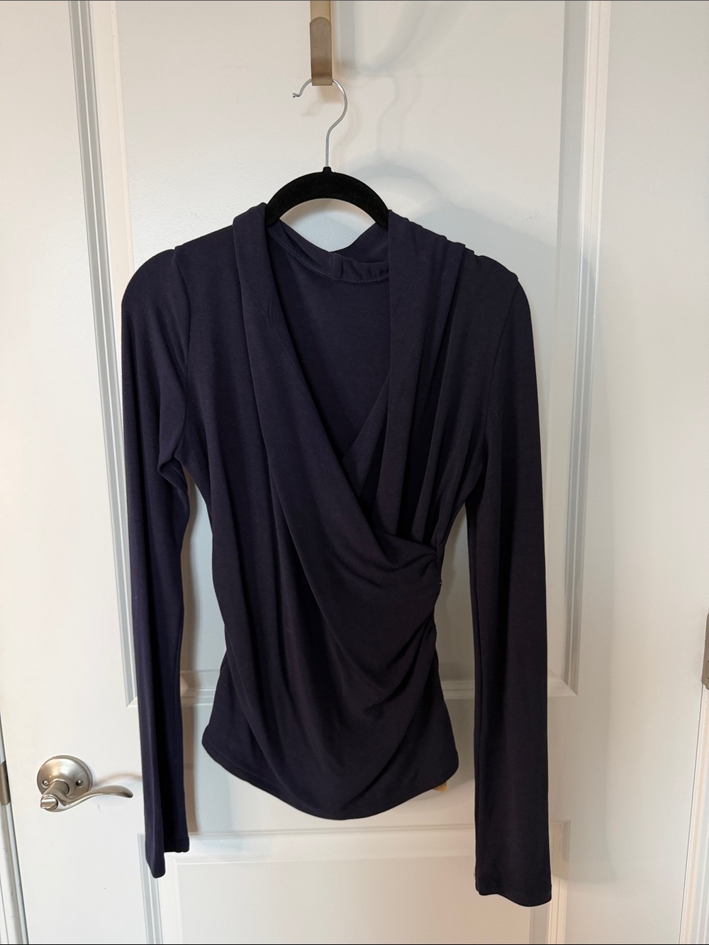 RIHOAS Navy Draped Wrap-Front Long-Sleeve Top
